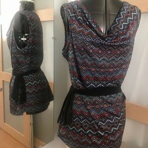 Boho Cowl-Neck Tunic Tie Waist Top, XL